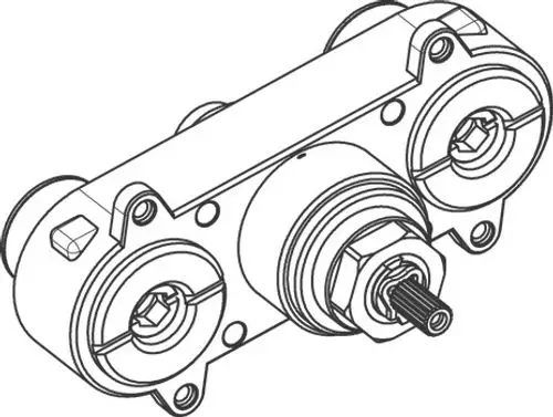 Hansgrohe Funktionsblock, shown in three-dimensional Ansicht. Das Produkt zeigt Anschlüsse und einen zentralen Wellenmechanismus für die Armatur.